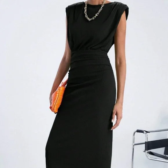 Black Preppy Womens Solid Shoulder Pad Ruched Waist Dress - Picture 2 of 5